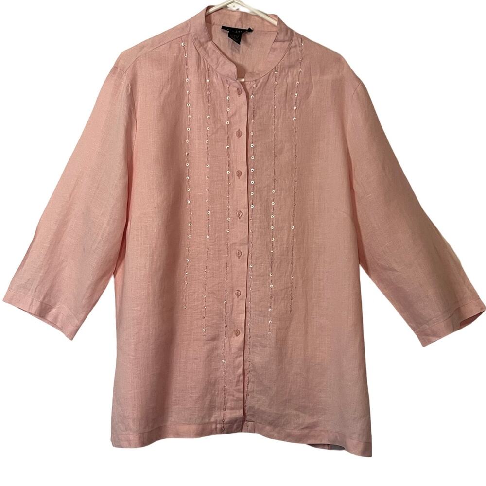 Anne Carson Linen Blouse Womens Size 1X Pink Button Up Front Sequins Side Slits